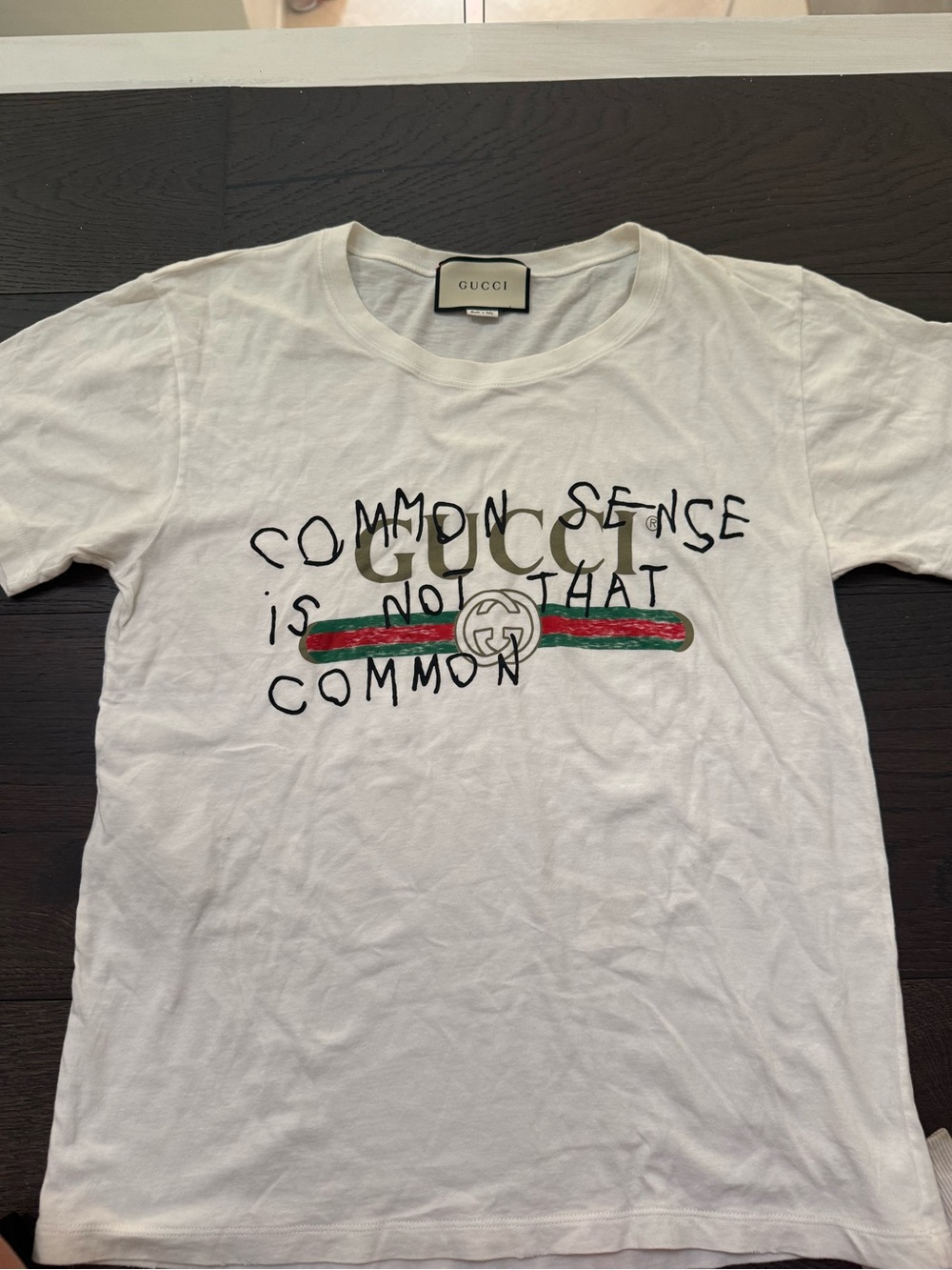 Gucci White Short-Sleeve 'Common Sense' Graphic Tee with Green and Red Stripe